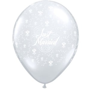 A white balloon that says "just married" on it.
