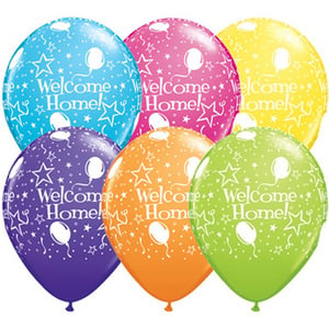 A bunch of balloons that say "welcome home".