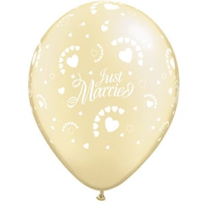 A balloon that says "Just Married" with hearts on it.
