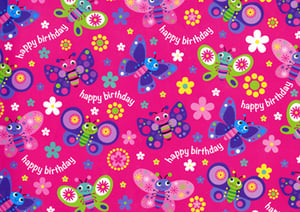 A pink background with butterflies and flowers and the words "Happy Birthday."