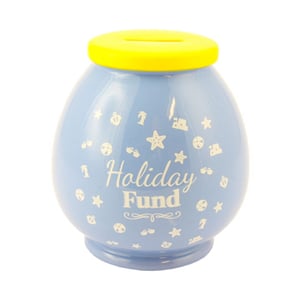 A blue piggy bank that says "Holiday Fund" on it.