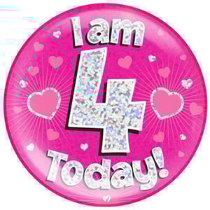 A pink plate with the words "I am 4 today" on it.