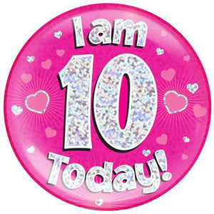 A pink plate with the words "I am 10 today" on it.