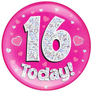A pink plate with the number 16 on it and the words "16 today."