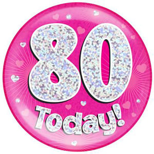 A pink plate with the number 80 on it. (No grammatical errors)