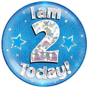 A blue balloon with the words "I am 2 today" on it.