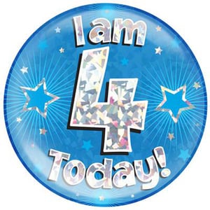 A blue balloon with the words "I am 4 today" on it.