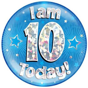 A blue balloon with the words "I am 10 today" on it.