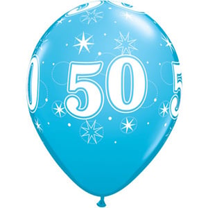 A blue balloon with the number 50 is on it.