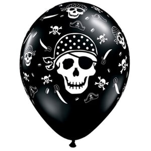 A black balloon with skulls and crossbones on it.