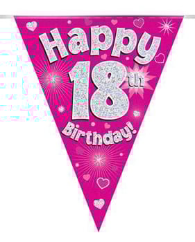 A pink flag with the words "Happy 18th birthday" on it.