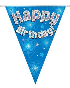 A blue "Happy Birthday" banner with stars and fireworks on it.