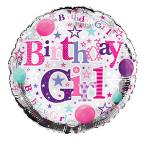 A birthday girl balloon with balloons and stars on it.