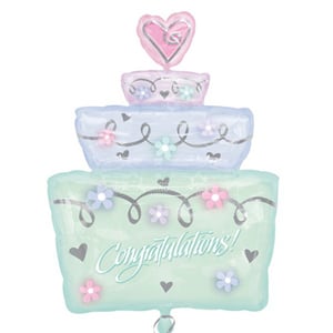 A congratulatory balloon in the shape of a cake.