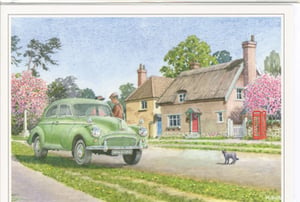 A painting of a green car and a red phone booth is needed.
