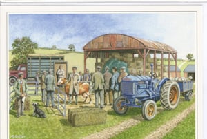 A painting of people standing around a Ford tractor.