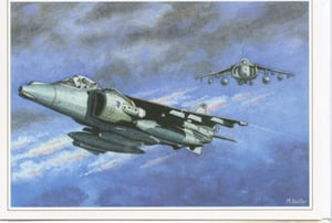A painting of two fighter jets flying in the sky.