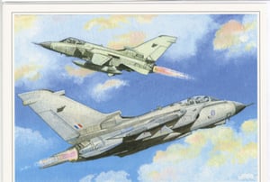 A painting of two fighter jets soaring in the sky.