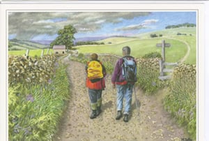 A painting of two people walking down a path.