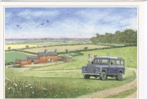 A painting of a Land Rover on a dirt road.