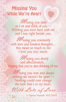 A card that says "Missing you while we're apart."