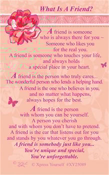 A card that says "What is a friend?" on it.