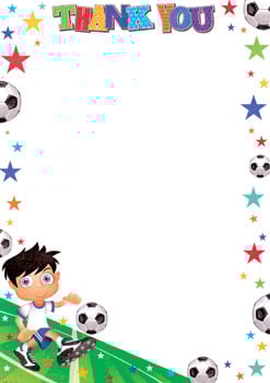 A thank-you card with a boy kicking a soccer ball.