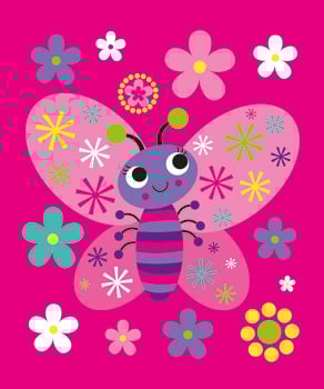 A butterfly is surrounded by flowers on a pink background.