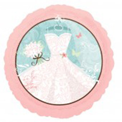 A pink balloon with a picture of a wedding dress and flowers on it.