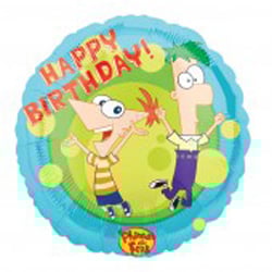 A happy birthday balloon with Phineas and Ferb on it.