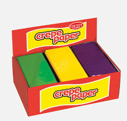 a box of crepe paper in three different colors