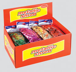 A box of metallic shredded candy in different colors.