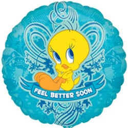 A Tweety bird balloon that says, "Feel better soon."