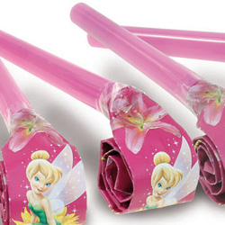 Pink party blowers with Tinkerbell on them.