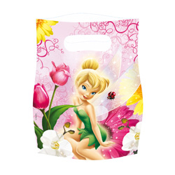 A pink bag with Tinkerbell and flowers on it.