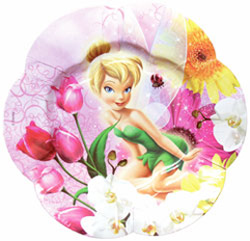 A paper plate with Tinkerbell and flowers is on it.