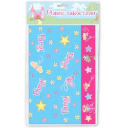 A blue and pink plastic table cover with fairy and star designs.