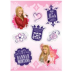 A sheet of Hannah Montana stickers is on a pink background.