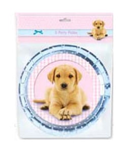 A paper plate with a picture of a puppy on it.
