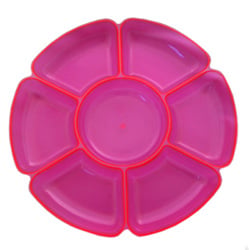 A pink flower-shaped tray with a red rim.
