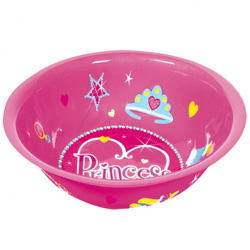 A pink bowl with the word "princess" on it.