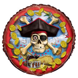 A pirate balloon with a skull and crossbones is on it.