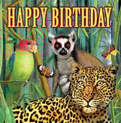 A happy birthday card with a leopard, a lemur, and a parrot.