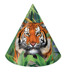 A party hat with a picture of a tiger on it.