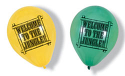 Yellow and green balloons that say "Welcome to the jungle."