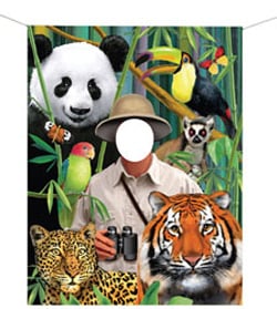 A man is surrounded by animals, including a panda and a tiger.