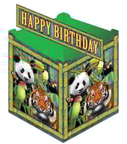 A happy birthday box with pandas and tigers on it.

No grammatical errors were found in the sentence.