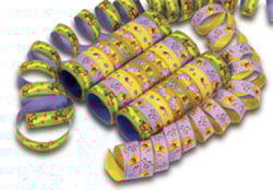 A bunch of colorful party streamers is on a white background.