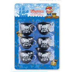 A package of pirate cups with skulls on them is on a blue background.