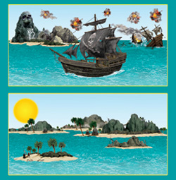 Two pictures of a pirate ship in the ocean.